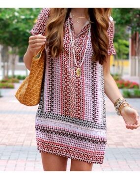 J. Crew Size 12 Geometric Silk Shirt Dress/ Red, Pink, & Black